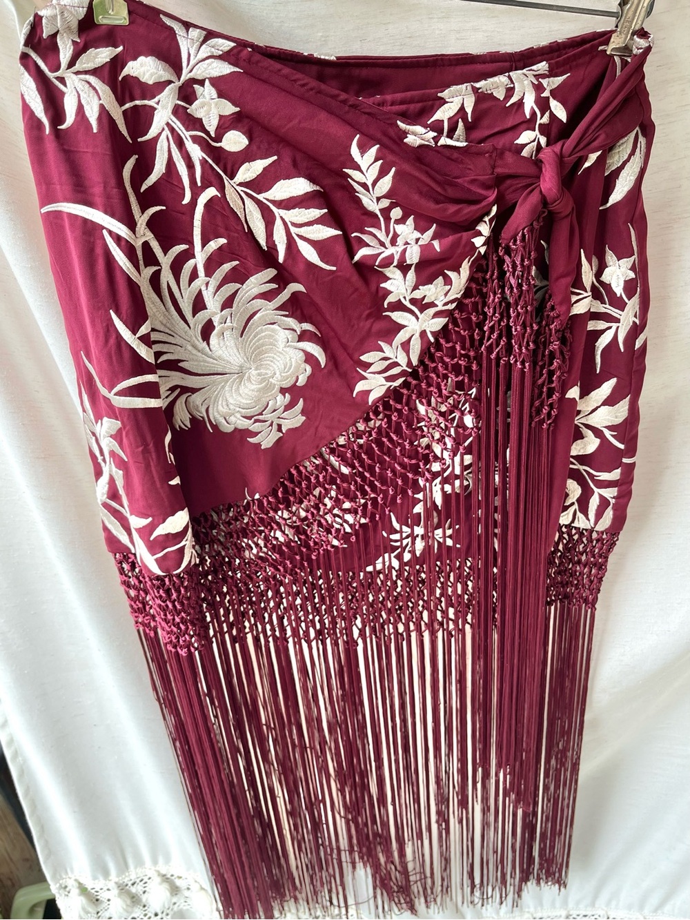 Zara Pareo Skirt with Embroidery & Fringe Burgundy White - Picture 9 of 16